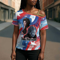 Toni Morrison Cross Shoulder Shirt Abstract Wings Design Empowering Quote Dual Portrait Celebration of Literary Freedom - Wonder Print Shop