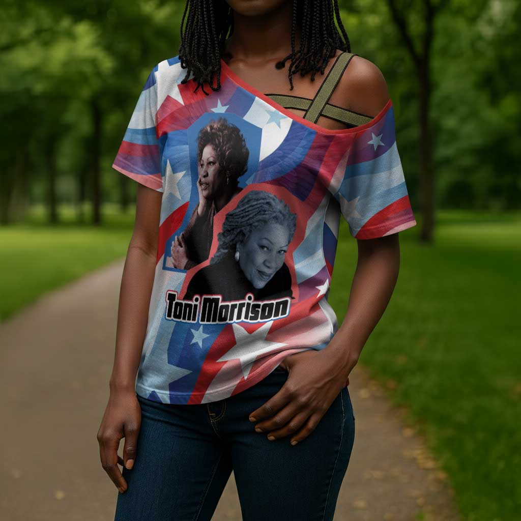 Toni Morrison Cross Shoulder Shirt Abstract Wings Design Empowering Quote Dual Portrait Celebration of Literary Freedom - Wonder Print Shop