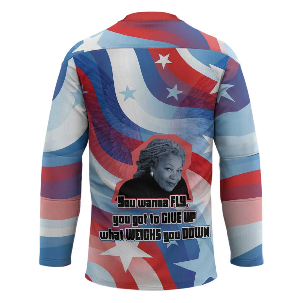 Toni Morrison Hockey Jersey Abstract Wings Design Empowering Quote Dual Portrait Celebration of Literary Freedom - Wonder Print Shop