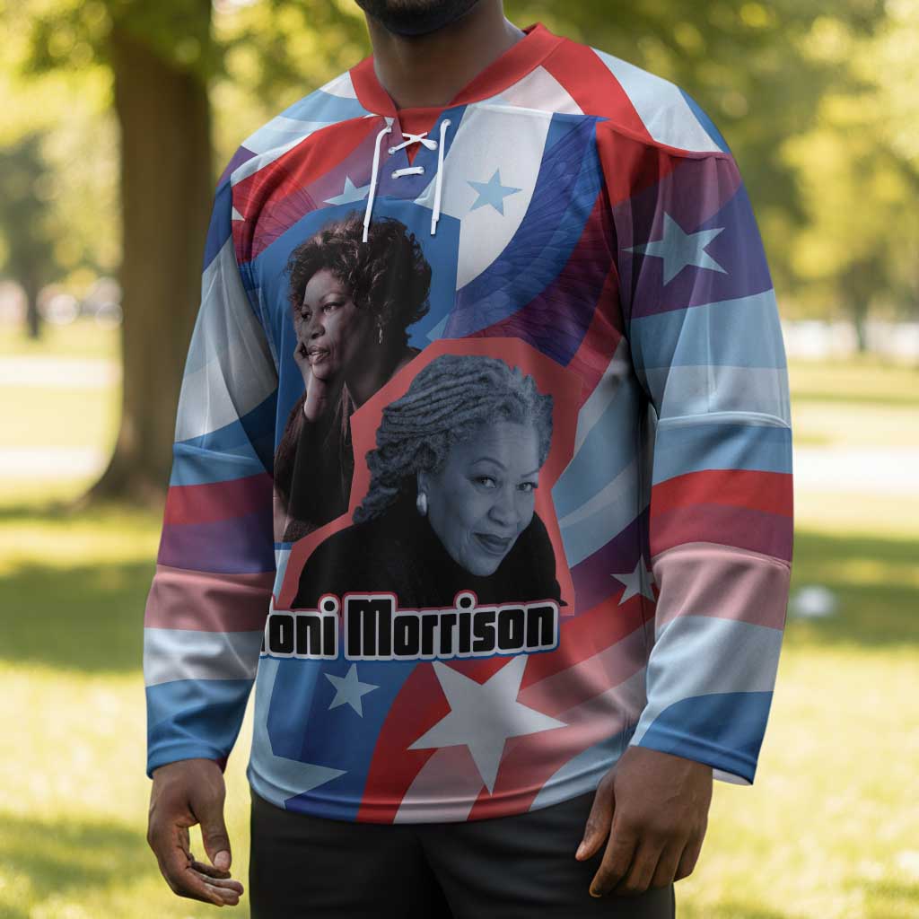 Toni Morrison Hockey Jersey Abstract Wings Design Empowering Quote Dual Portrait Celebration of Literary Freedom - Wonder Print Shop