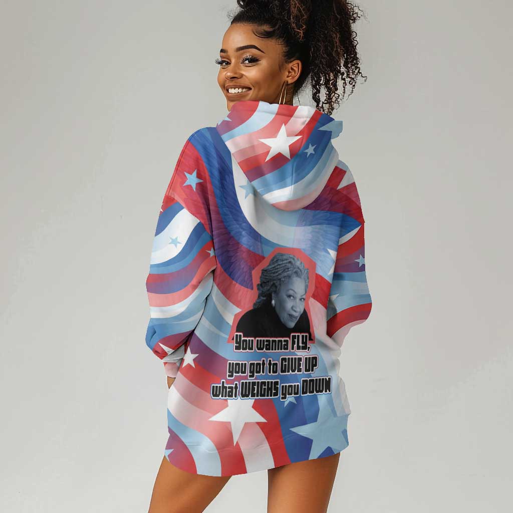 Toni Morrison Hoodie Dress Abstract Wings Design Empowering Quote Dual Portrait Celebration of Literary Freedom - Wonder Print Shop