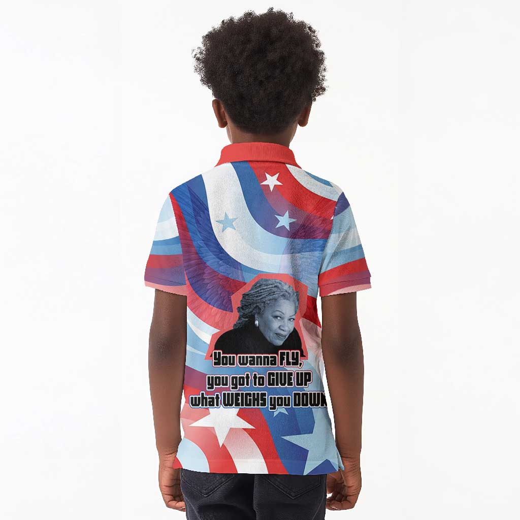 Toni Morrison Kid Polo Shirt Abstract Wings Design Empowering Quote Dual Portrait Celebration of Literary Freedom - Wonder Print Shop