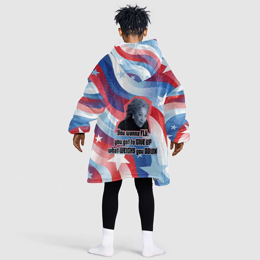 Toni Morrison Kid Wearable Blanket Hoodie Abstract Wings Design Empowering Quote Dual Portrait Celebration of Literary Freedom - Wonder Print Shop