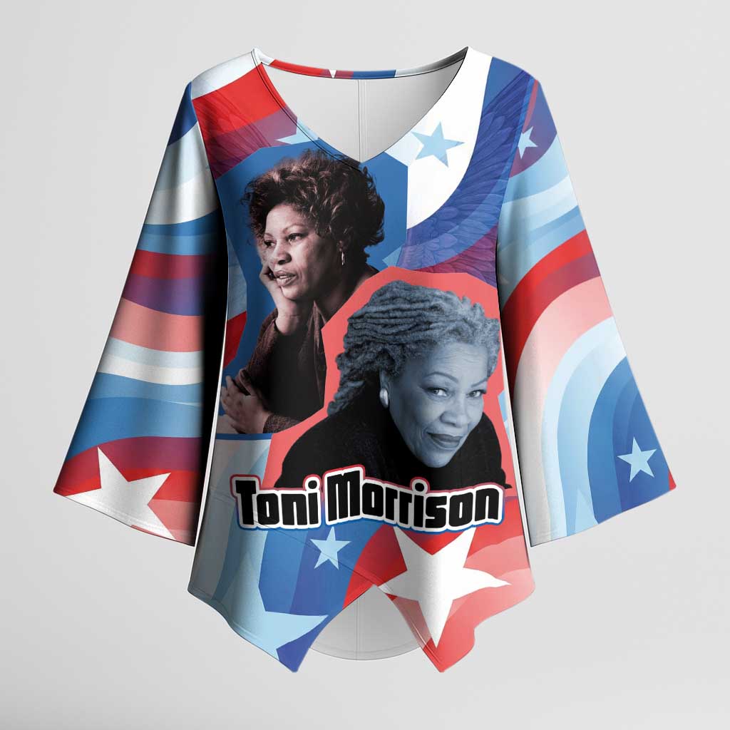 Toni Morrison Kimono Sleeve Blouse Abstract Wings Design Empowering Quote Dual Portrait Celebration of Literary Freedom - Wonder Print Shop