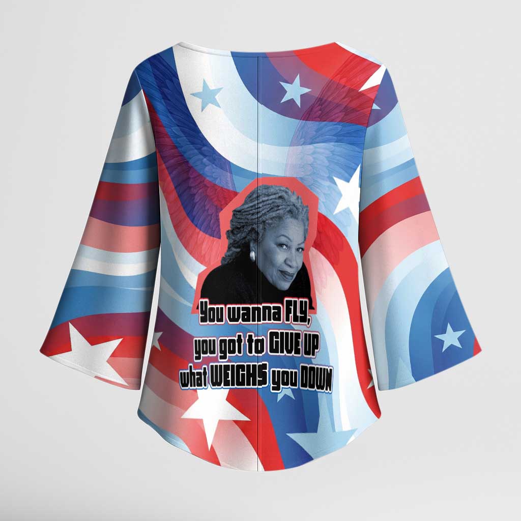 Toni Morrison Kimono Sleeve Blouse Abstract Wings Design Empowering Quote Dual Portrait Celebration of Literary Freedom - Wonder Print Shop