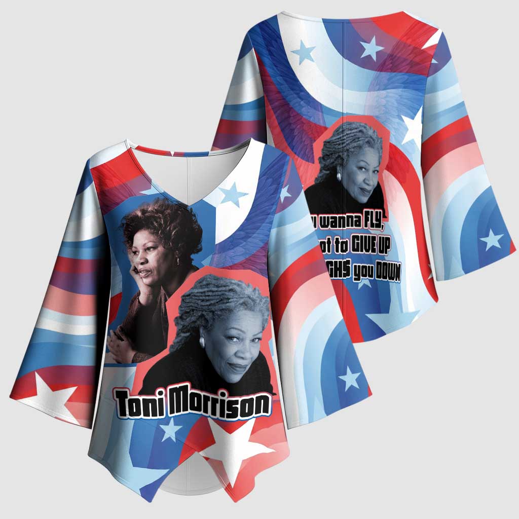 Toni Morrison Kimono Sleeve Blouse Abstract Wings Design Empowering Quote Dual Portrait Celebration of Literary Freedom - Wonder Print Shop