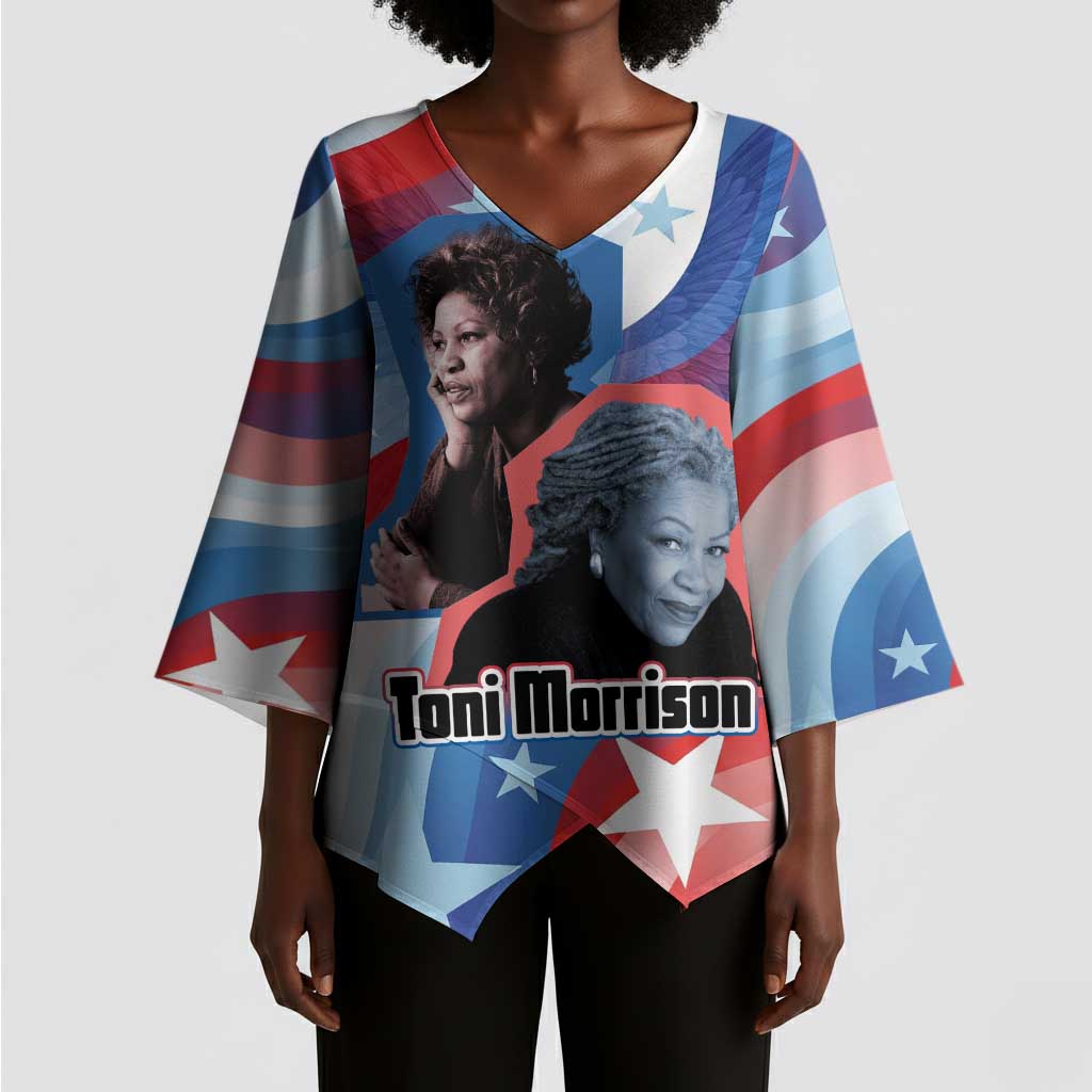 Toni Morrison Kimono Sleeve Blouse Abstract Wings Design Empowering Quote Dual Portrait Celebration of Literary Freedom - Wonder Print Shop