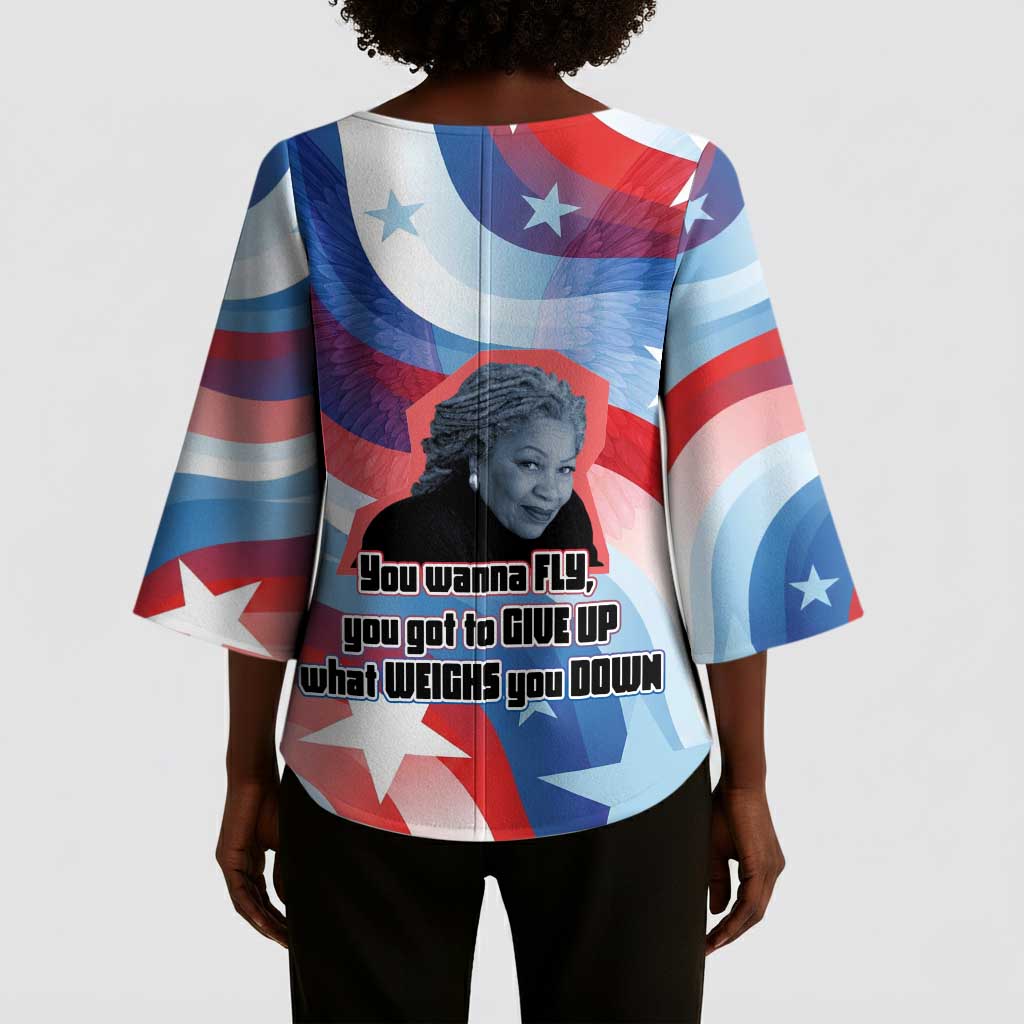 Toni Morrison Kimono Sleeve Blouse Abstract Wings Design Empowering Quote Dual Portrait Celebration of Literary Freedom - Wonder Print Shop