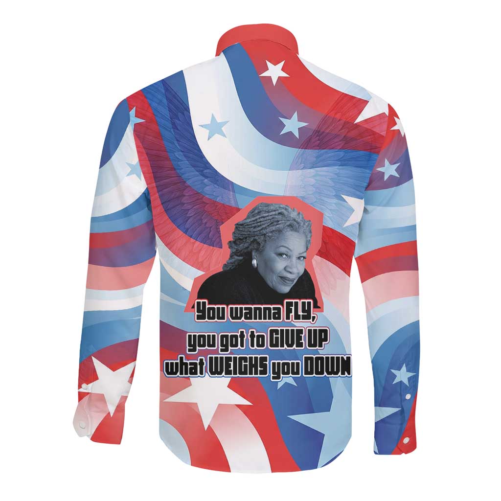 Toni Morrison Long Sleeve Button Shirt Abstract Wings Design Empowering Quote Dual Portrait Celebration of Literary Freedom - Wonder Print Shop