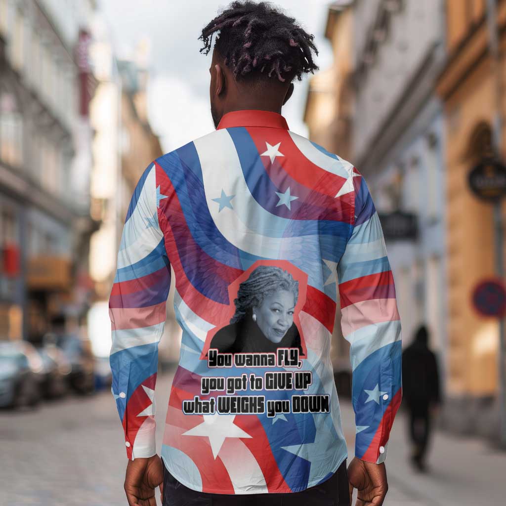 Toni Morrison Long Sleeve Button Shirt Abstract Wings Design Empowering Quote Dual Portrait Celebration of Literary Freedom - Wonder Print Shop