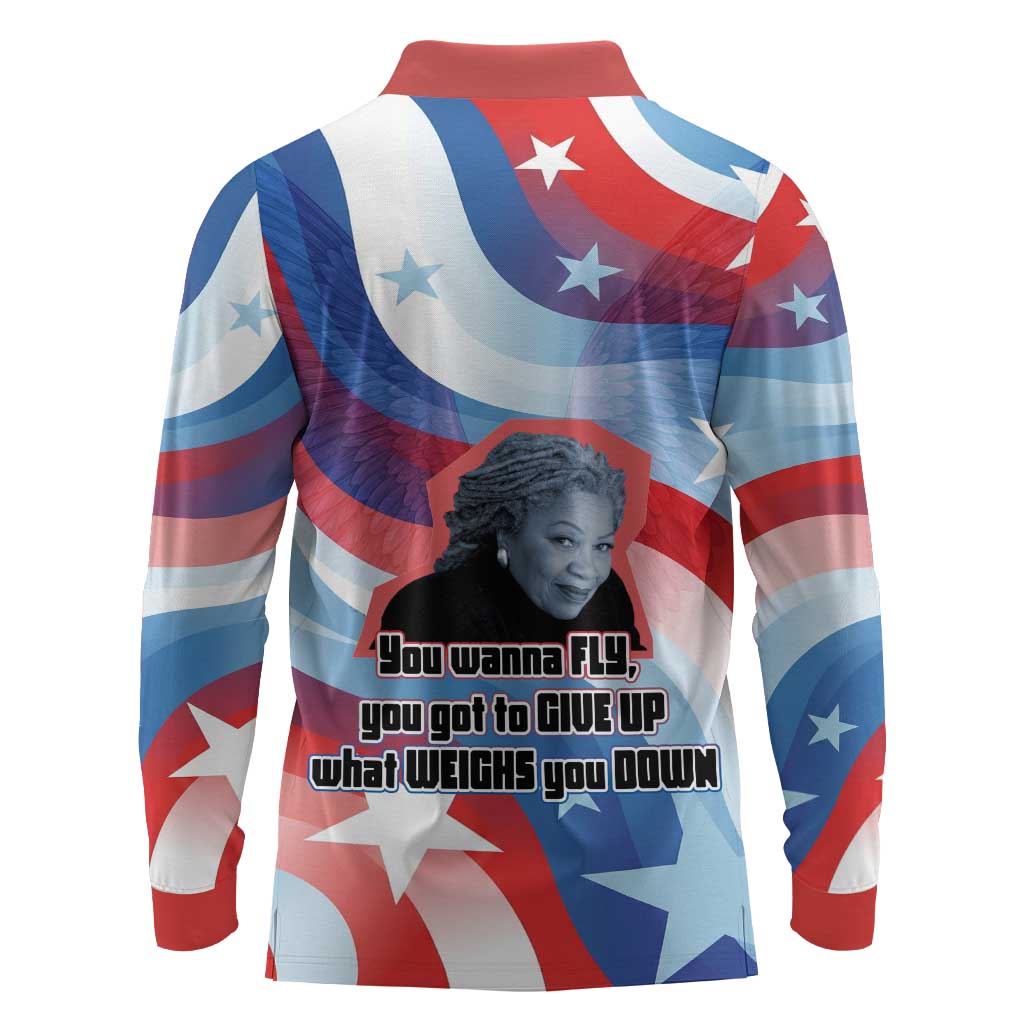 Toni Morrison Long Sleeve Polo Shirt Abstract Wings Design Empowering Quote Dual Portrait Celebration of Literary Freedom - Wonder Print Shop