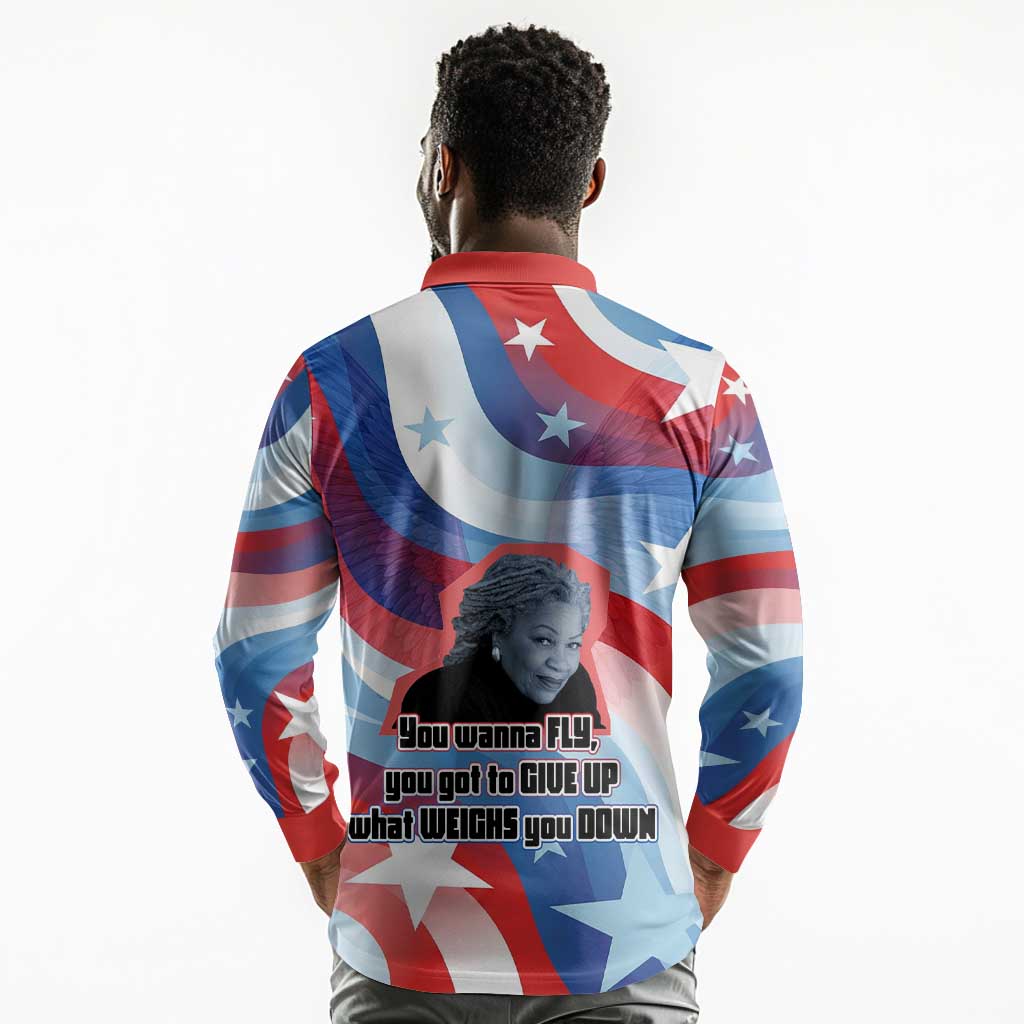 Toni Morrison Long Sleeve Polo Shirt Abstract Wings Design Empowering Quote Dual Portrait Celebration of Literary Freedom - Wonder Print Shop