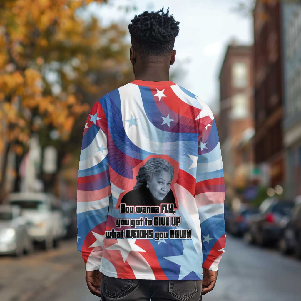 Toni Morrison Long Sleeve Shirt Abstract Wings Design Empowering Quote Dual Portrait Celebration of Literary Freedom - Wonder Print Shop