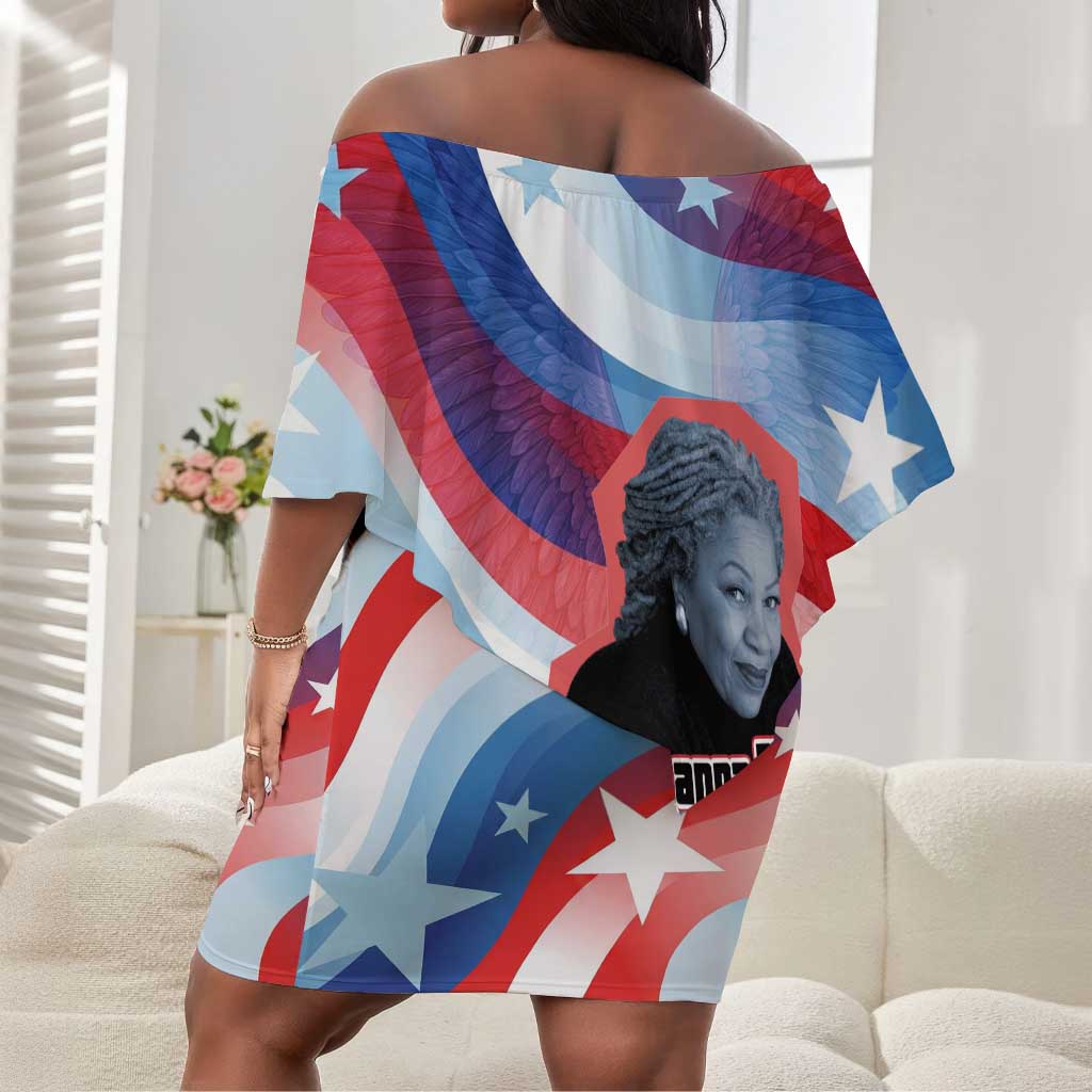 Toni Morrison Off Shoulder Short Dress Abstract Wings Design Empowering Quote Dual Portrait Celebration of Literary Freedom - Wonder Print Shop
