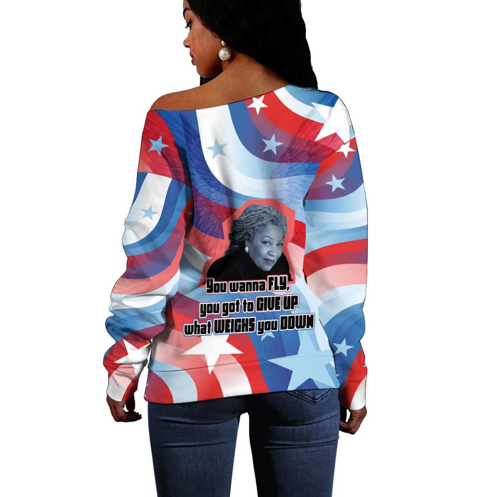 Toni Morrison Off Shoulder Sweater Abstract Wings Design Empowering Quote Dual Portrait Celebration of Literary Freedom - Wonder Print Shop