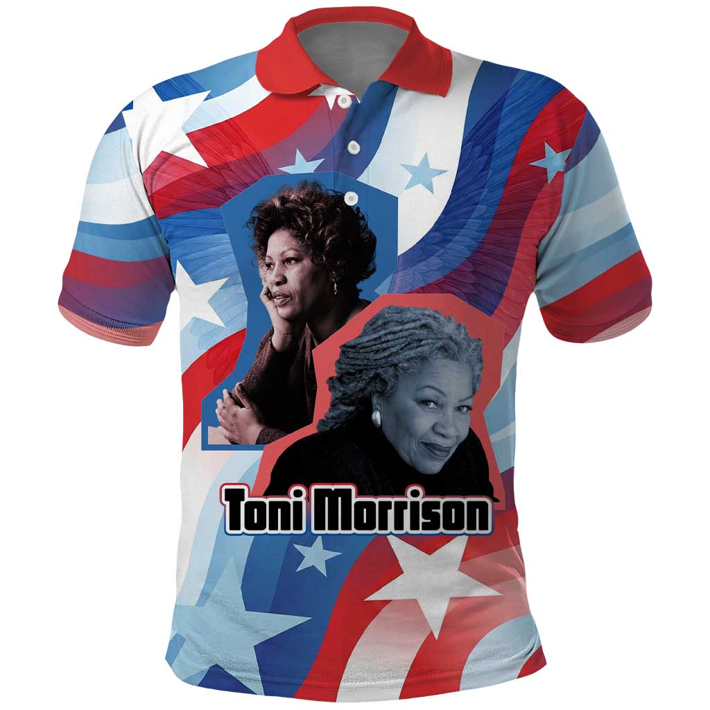 Toni Morrison Polo Shirt Abstract Wings Design Empowering Quote Dual Portrait Celebration of Literary Freedom - Wonder Print Shop