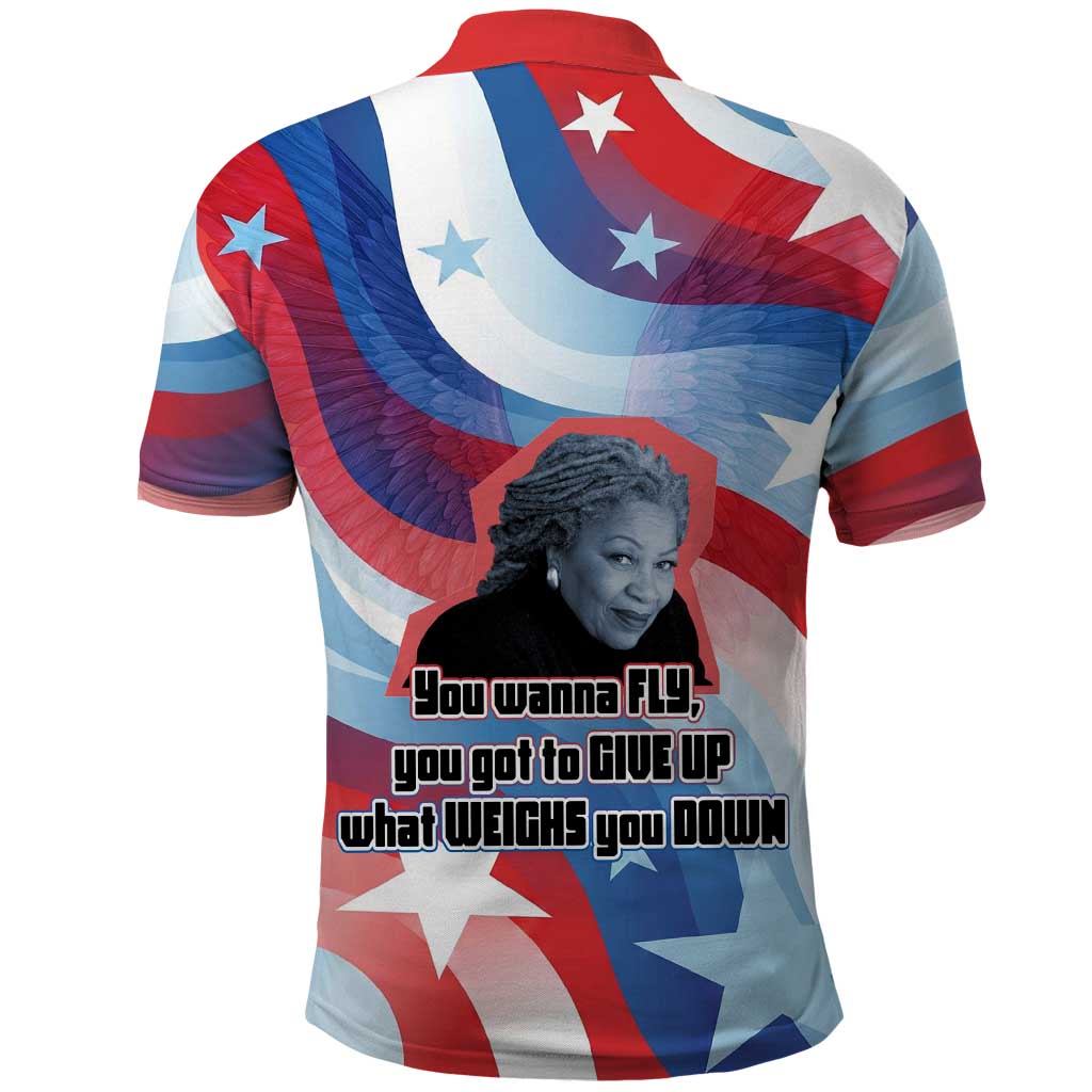 Toni Morrison Polo Shirt Abstract Wings Design Empowering Quote Dual Portrait Celebration of Literary Freedom - Wonder Print Shop
