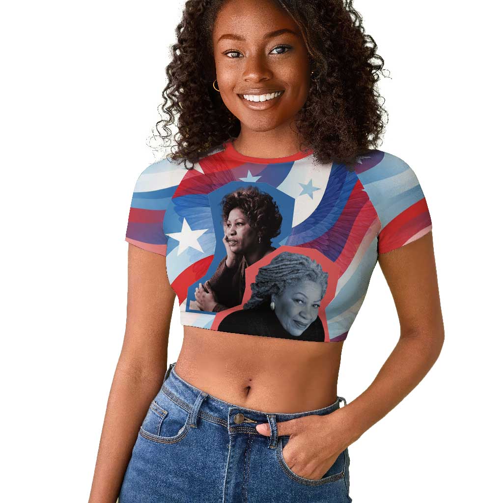 Toni Morrison Raglan Cropped T shirt Abstract Wings Design Empowering Quote Dual Portrait Celebration of Literary Freedom - Wonder Print Shop