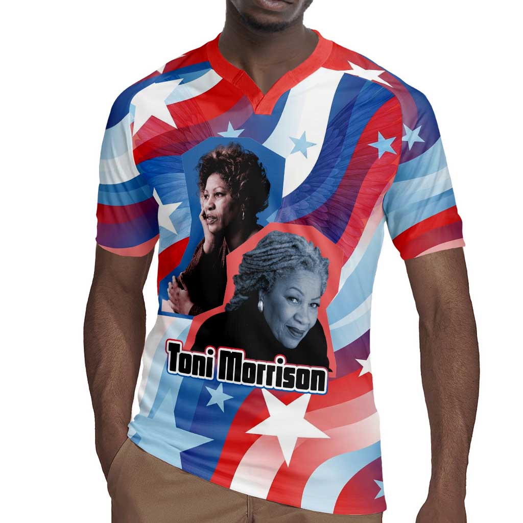 Toni Morrison Rugby Jersey Abstract Wings Design Empowering Quote Dual Portrait Celebration of Literary Freedom - Wonder Print Shop