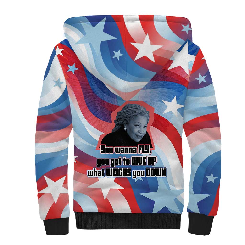 Toni Morrison Sherpa Hoodie Abstract Wings Design Empowering Quote Dual Portrait Celebration of Literary Freedom - Wonder Print Shop