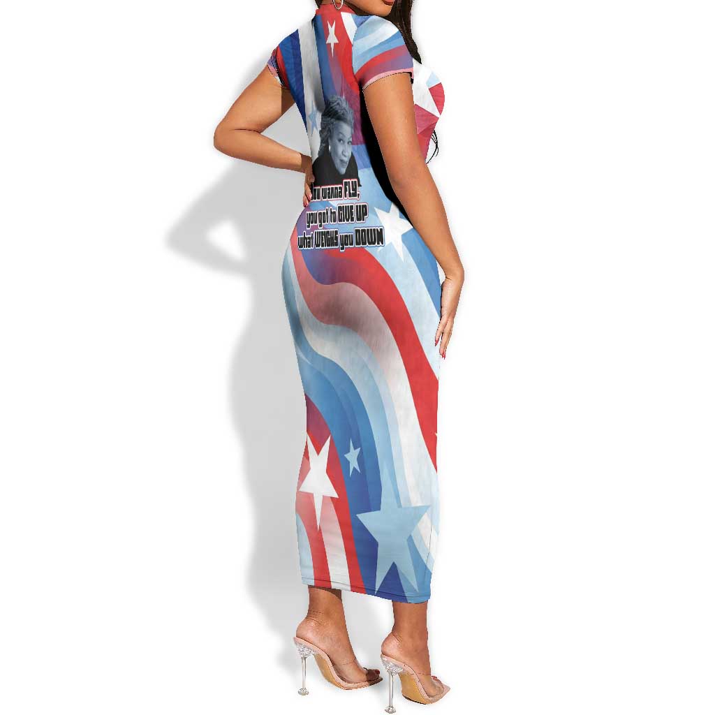 Toni Morrison Short Sleeve Bodycon Dress Abstract Wings Design Empowering Quote Dual Portrait Celebration of Literary Freedom - Wonder Print Shop