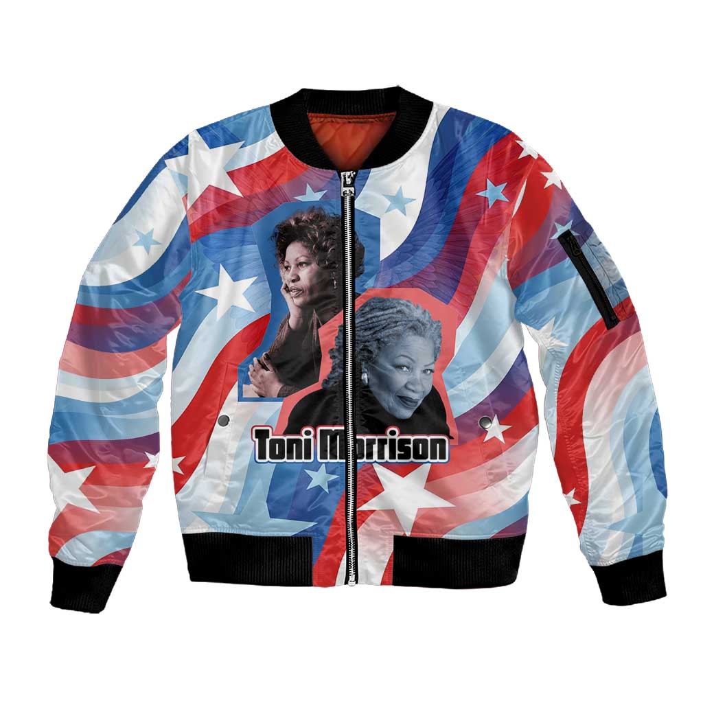 Toni Morrison Sleeve Zip Bomber Jacket Abstract Wings Design Empowering Quote Dual Portrait Celebration of Literary Freedom - Wonder Print Shop