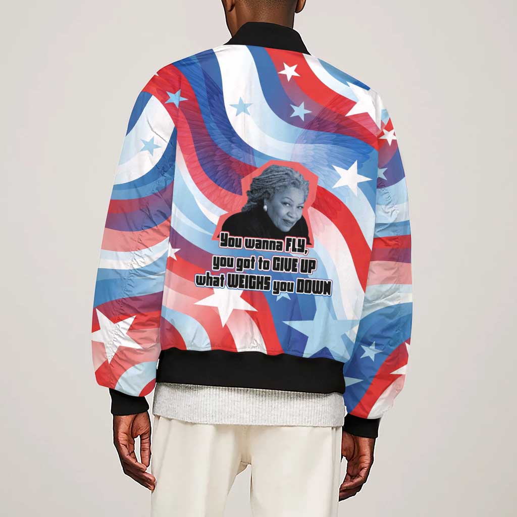 Toni Morrison Sleeve Zip Bomber Jacket Abstract Wings Design Empowering Quote Dual Portrait Celebration of Literary Freedom - Wonder Print Shop