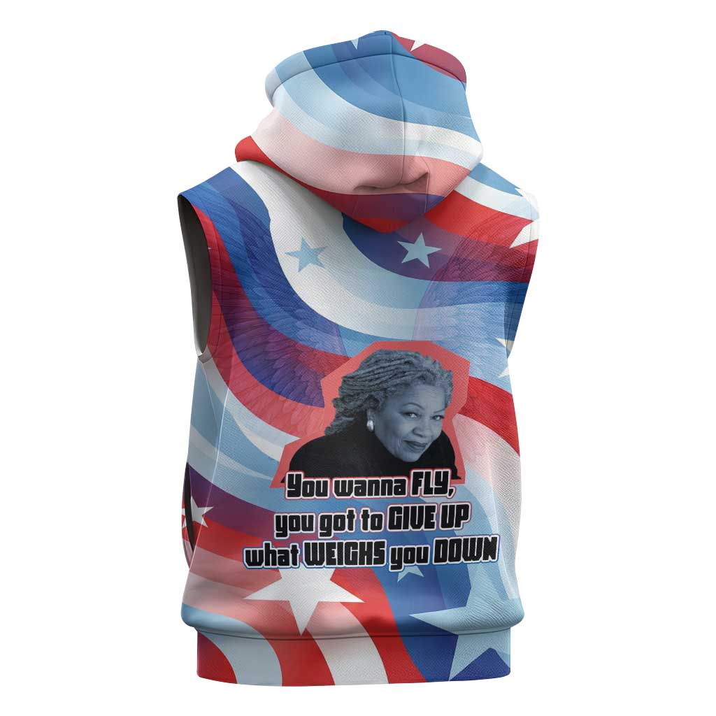 Toni Morrison Sleeveless Hoodie Abstract Wings Design Empowering Quote Dual Portrait Celebration of Literary Freedom - Wonder Print Shop