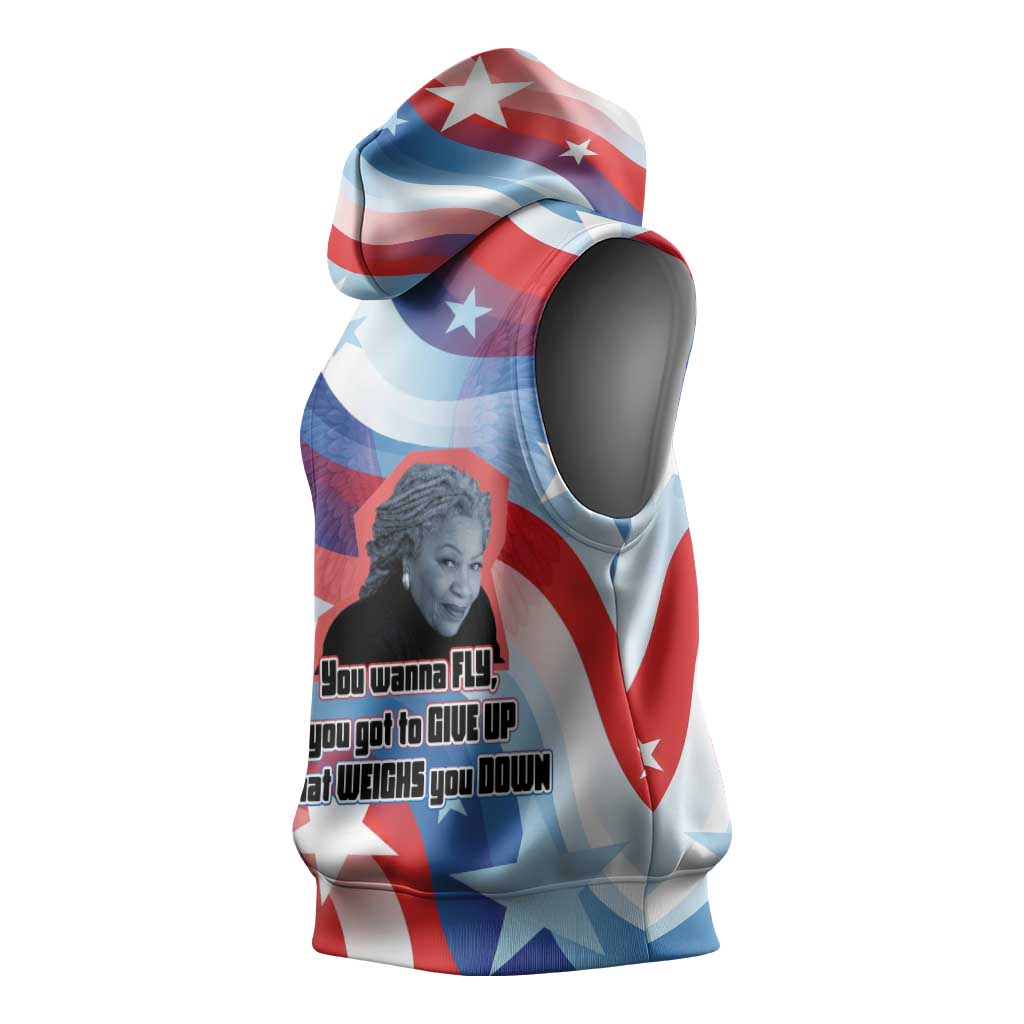 Toni Morrison Sleeveless Hoodie Abstract Wings Design Empowering Quote Dual Portrait Celebration of Literary Freedom - Wonder Print Shop