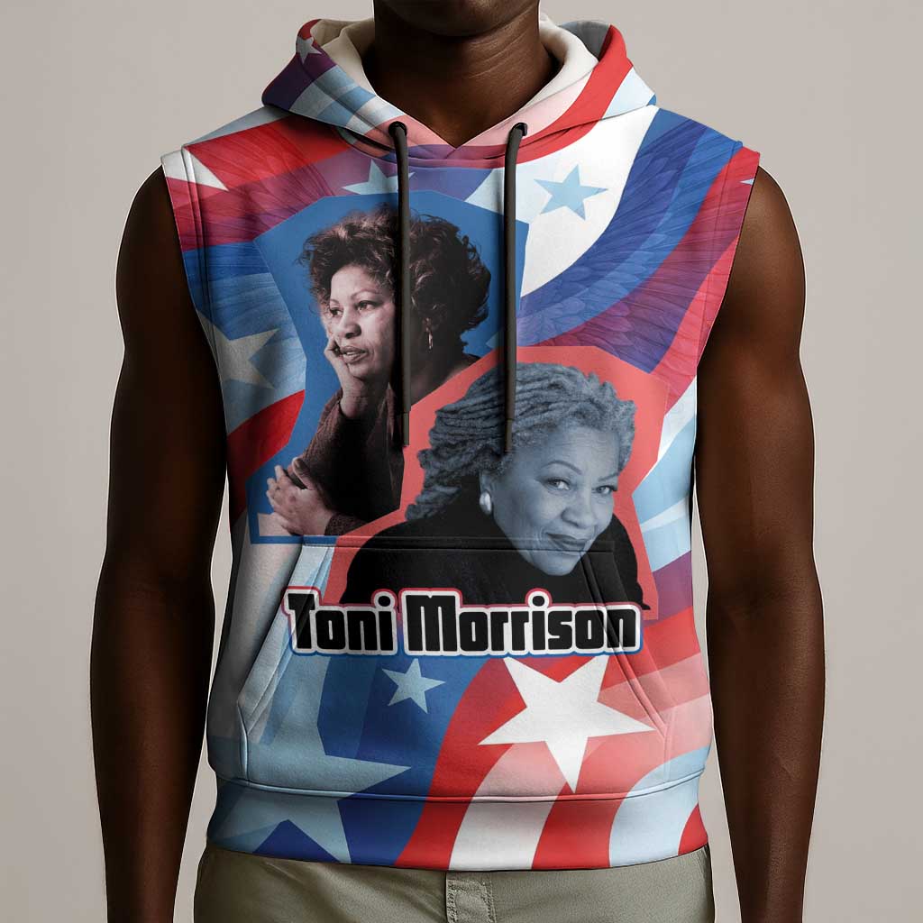 Toni Morrison Sleeveless Hoodie Abstract Wings Design Empowering Quote Dual Portrait Celebration of Literary Freedom - Wonder Print Shop