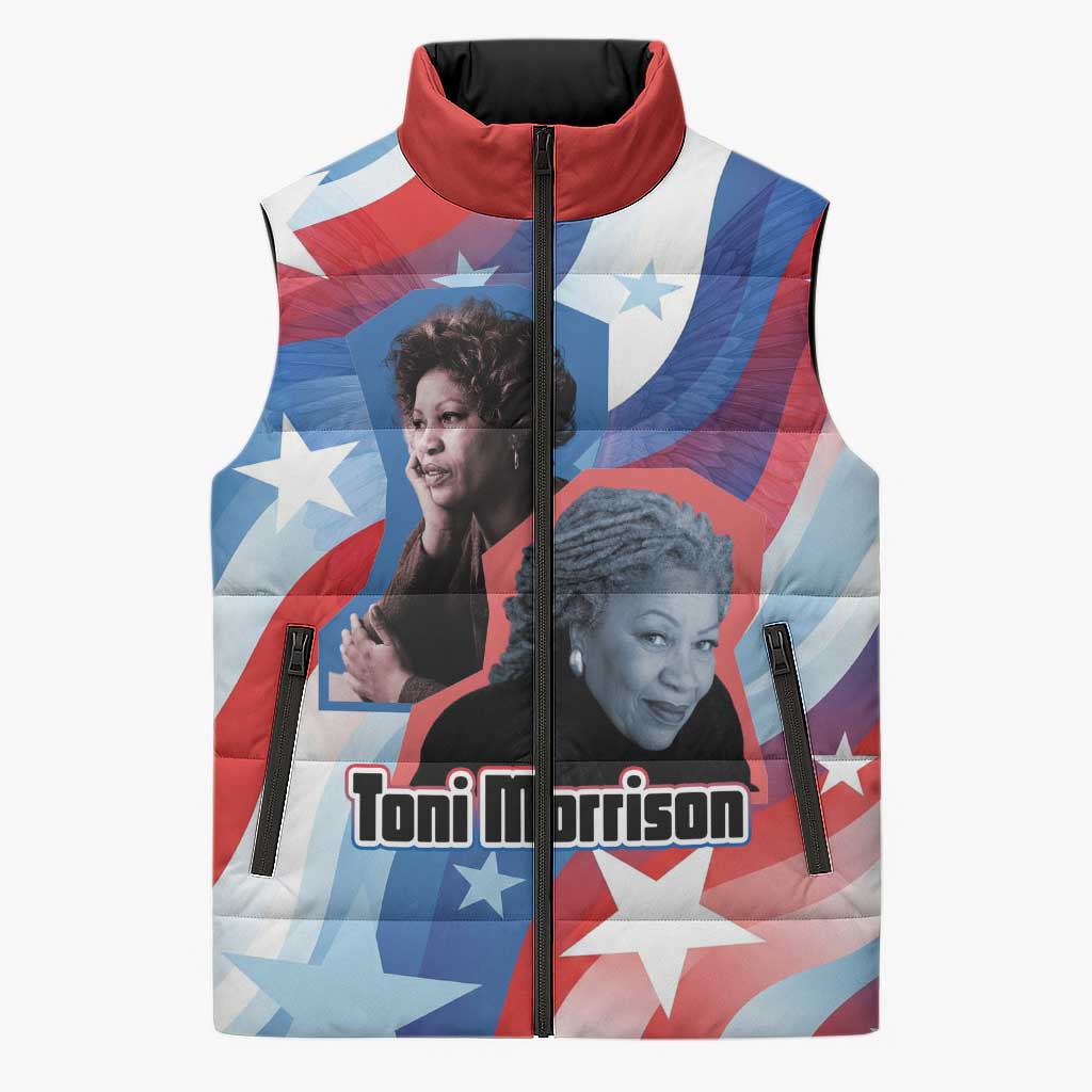 Toni Morrison Sleeveless Puffer Jacket Abstract Wings Design Empowering Quote Dual Portrait Celebration of Literary Freedom - Wonder Print Shop
