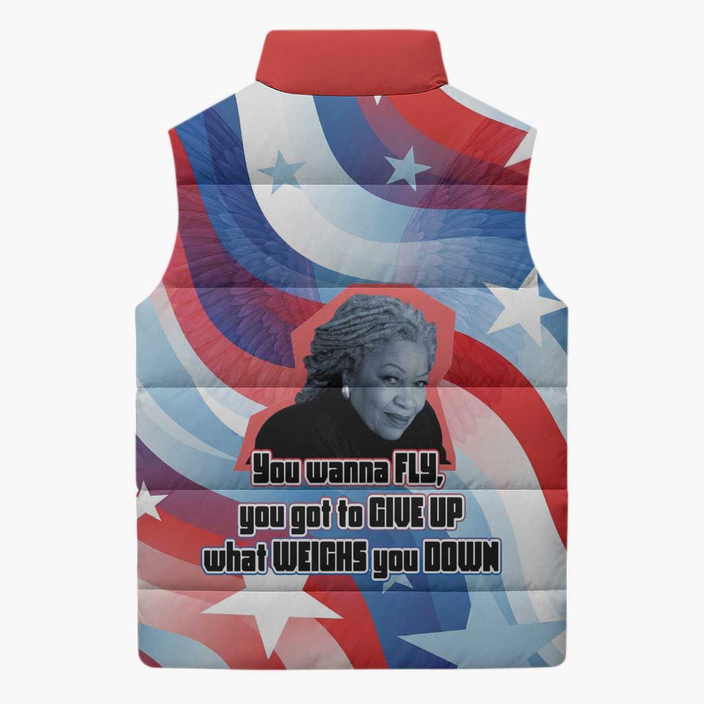 Toni Morrison Sleeveless Puffer Jacket Abstract Wings Design Empowering Quote Dual Portrait Celebration of Literary Freedom - Wonder Print Shop