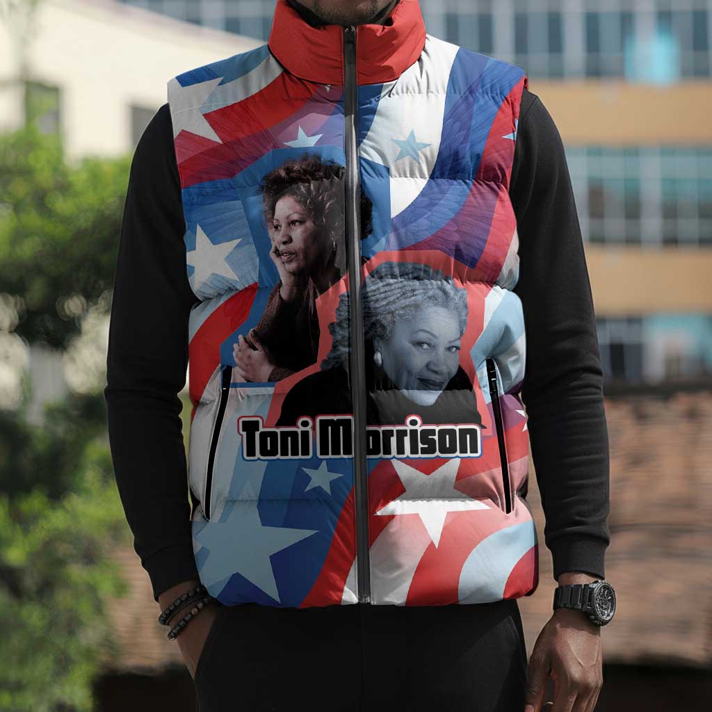 Toni Morrison Sleeveless Puffer Jacket Abstract Wings Design Empowering Quote Dual Portrait Celebration of Literary Freedom - Wonder Print Shop
