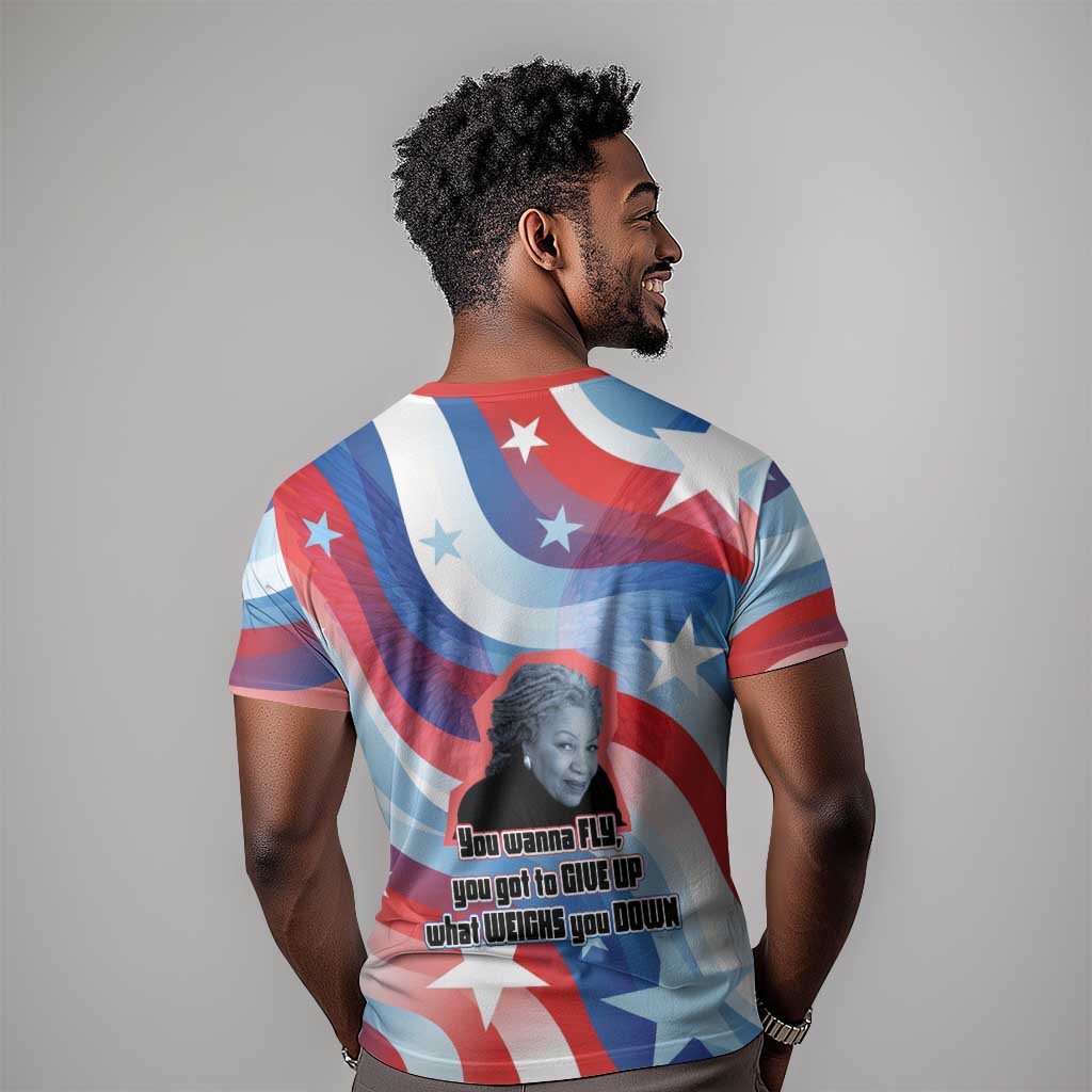 Toni Morrison T shirt Abstract Wings Design Empowering Quote Dual Portrait Celebration of Literary Freedom - Wonder Print Shop