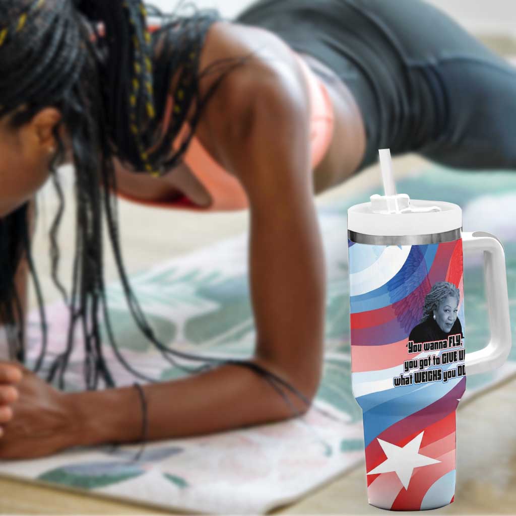 Toni Morrison Tumbler With Handle Abstract Wings Design Empowering Quote Dual Portrait Celebration of Literary Freedom - Wonder Print Shop