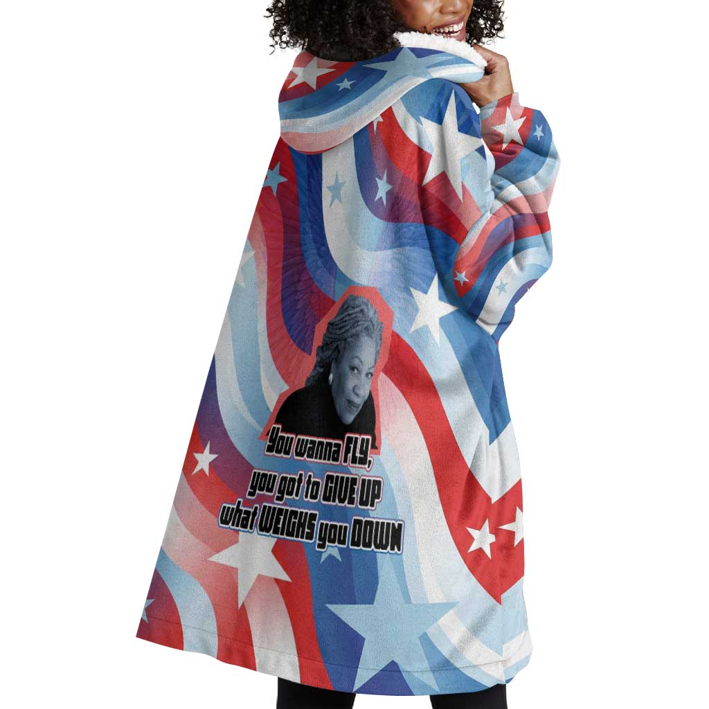 Toni Morrison Wearable Blanket Hoodie Abstract Wings Design Empowering Quote Dual Portrait Celebration of Literary Freedom - Wonder Print Shop