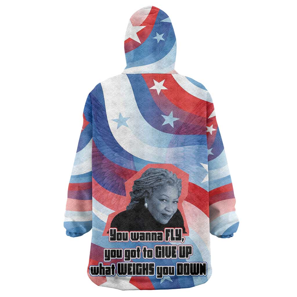 Toni Morrison Wearable Blanket Hoodie Abstract Wings Design Empowering Quote Dual Portrait Celebration of Literary Freedom - Wonder Print Shop