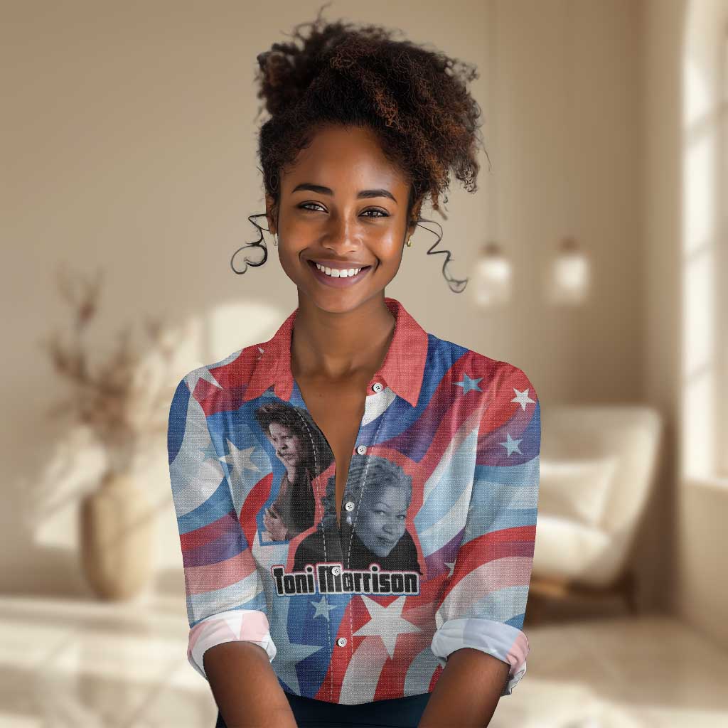Toni Morrison Women Casual Shirt Abstract Wings Design Empowering Quote Dual Portrait Celebration of Literary Freedom - Wonder Print Shop