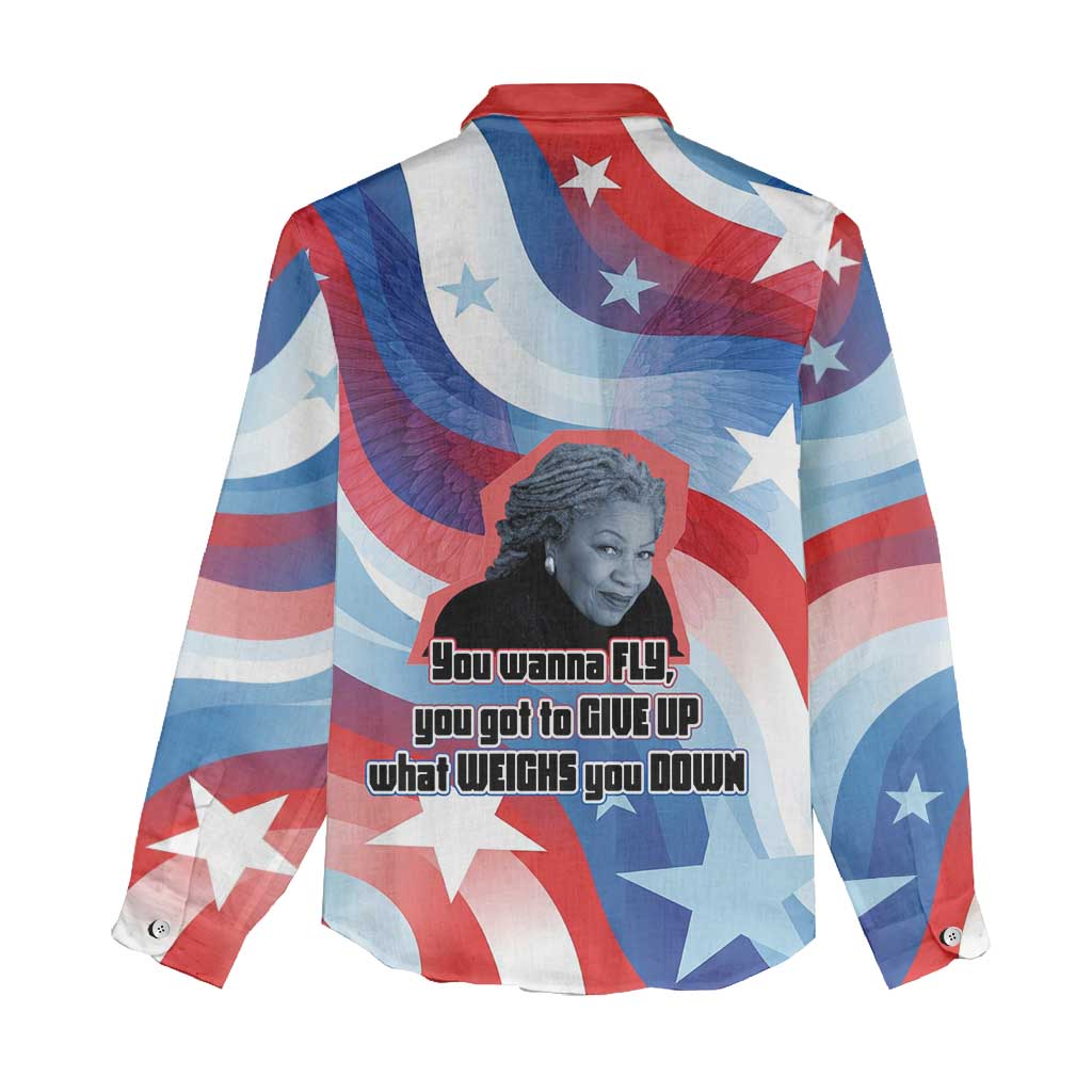 Toni Morrison Women Casual Shirt Abstract Wings Design Empowering Quote Dual Portrait Celebration of Literary Freedom - Wonder Print Shop