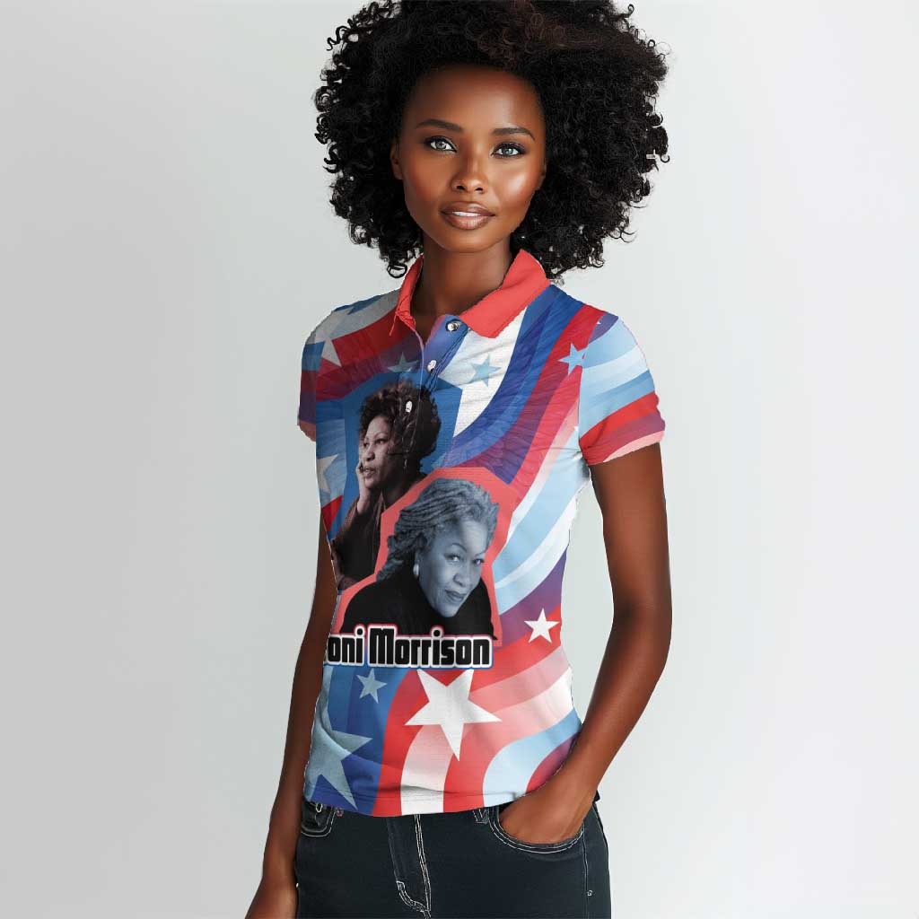 Toni Morrison Women Polo Shirt Abstract Wings Design Empowering Quote Dual Portrait Celebration of Literary Freedom - Wonder Print Shop