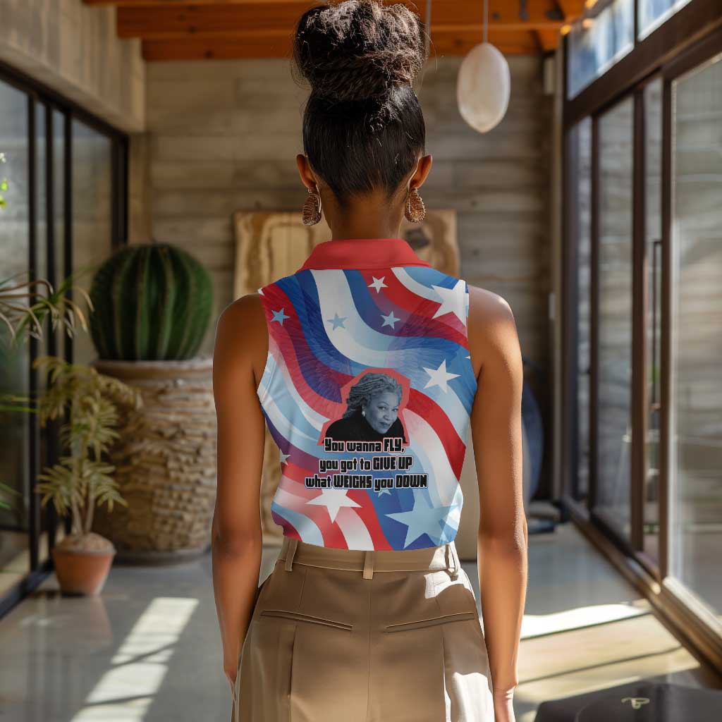 Toni Morrison Women Sleeveless Polo Shirt Abstract Wings Design Empowering Quote Dual Portrait Celebration of Literary Freedom - Wonder Print Shop