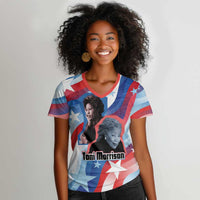 Toni Morrison Women V-Neck T-Shirt Abstract Wings Design Empowering Quote Dual Portrait Celebration of Literary Freedom - Wonder Print Shop
