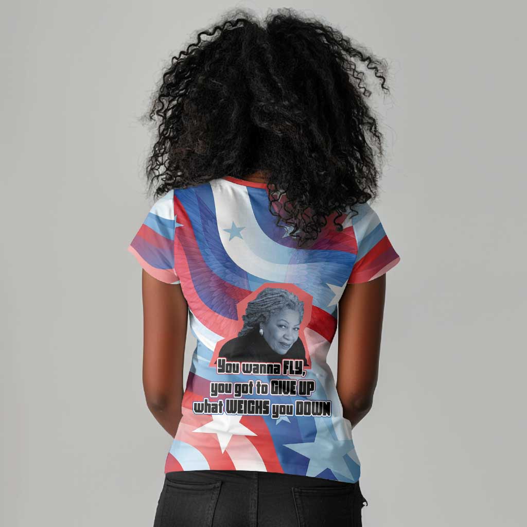 Toni Morrison Women V-Neck T-Shirt Abstract Wings Design Empowering Quote Dual Portrait Celebration of Literary Freedom - Wonder Print Shop