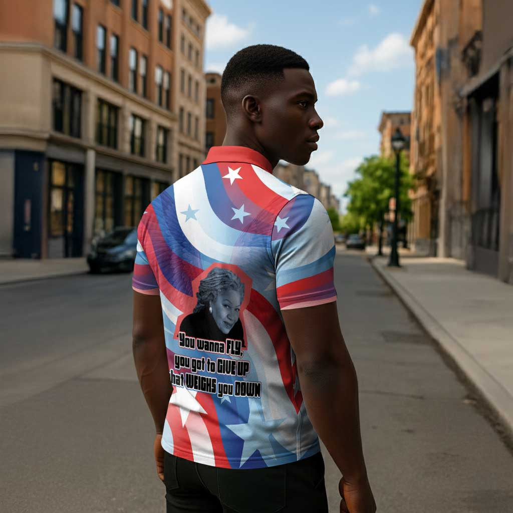 Toni Morrison Zipper Polo Shirt Abstract Wings Design Empowering Quote Dual Portrait Celebration of Literary Freedom - Wonder Print Shop