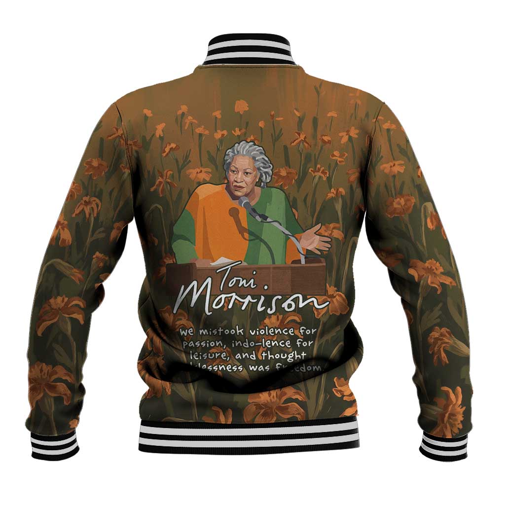 Toni Morrison Baseball Jacket Floral Themed Design Featuring The Bluest Eye Cover Art Thought-Provoking Quote - Wonder Print Shop