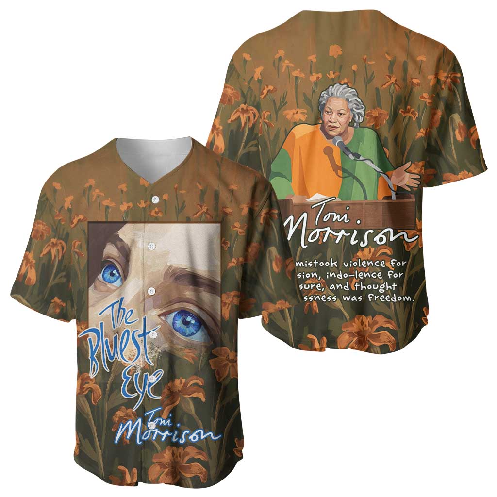 Toni Morrison Baseball Jersey Floral Themed Design Featuring The Bluest Eye Cover Art Thought-Provoking Quote - Wonder Print Shop