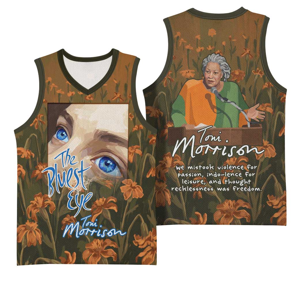 Toni Morrison Basketball Jersey Floral Themed Design Featuring The Bluest Eye Cover Art Thought-Provoking Quote - Wonder Print Shop