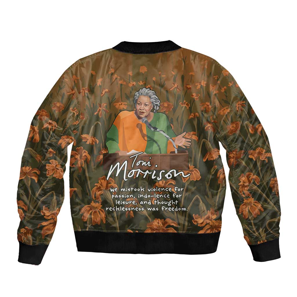 Toni Morrison Bomber Jacket Floral Themed Design Featuring The Bluest Eye Cover Art Thought-Provoking Quote - Wonder Print Shop