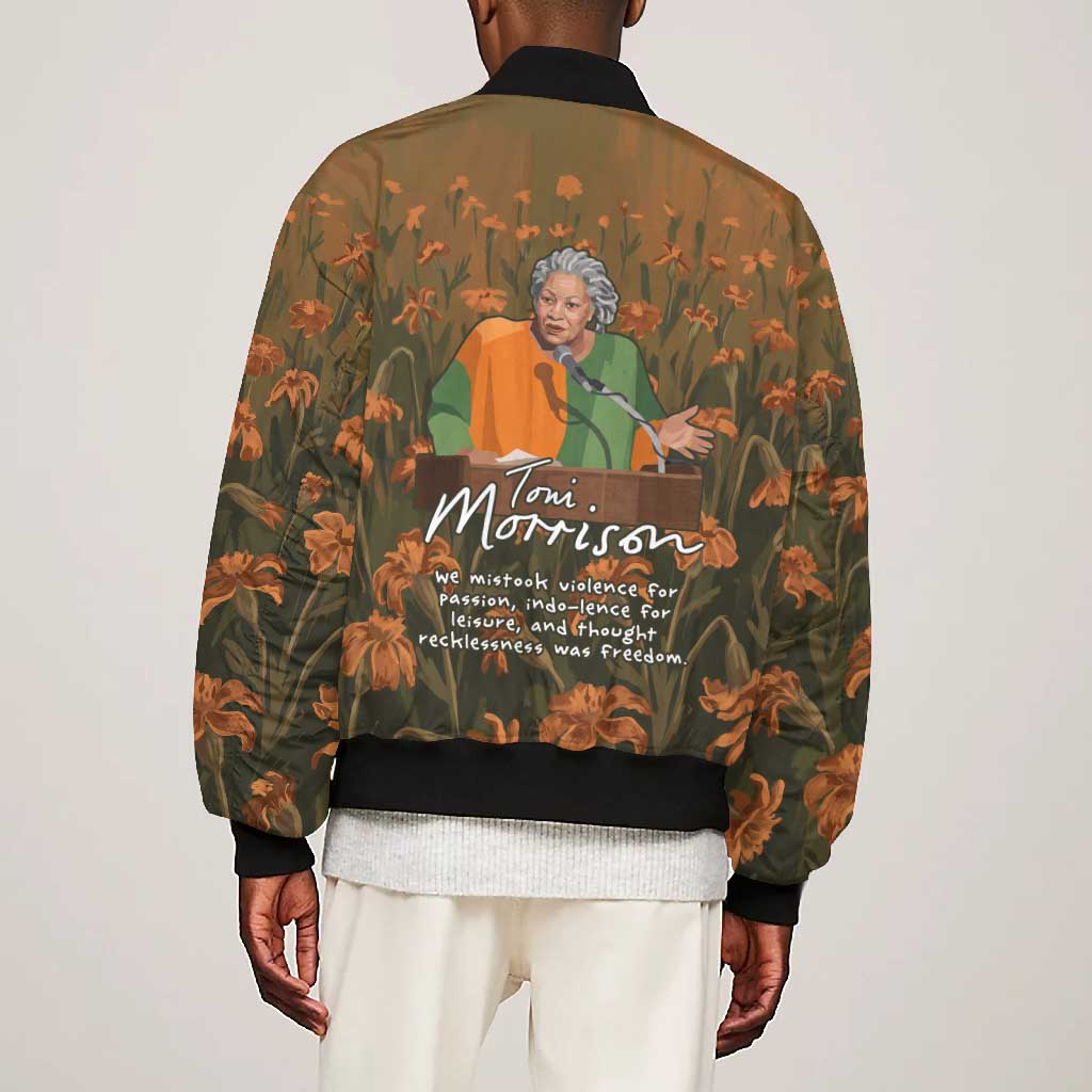 Toni Morrison Bomber Jacket Floral Themed Design Featuring The Bluest Eye Cover Art Thought-Provoking Quote - Wonder Print Shop