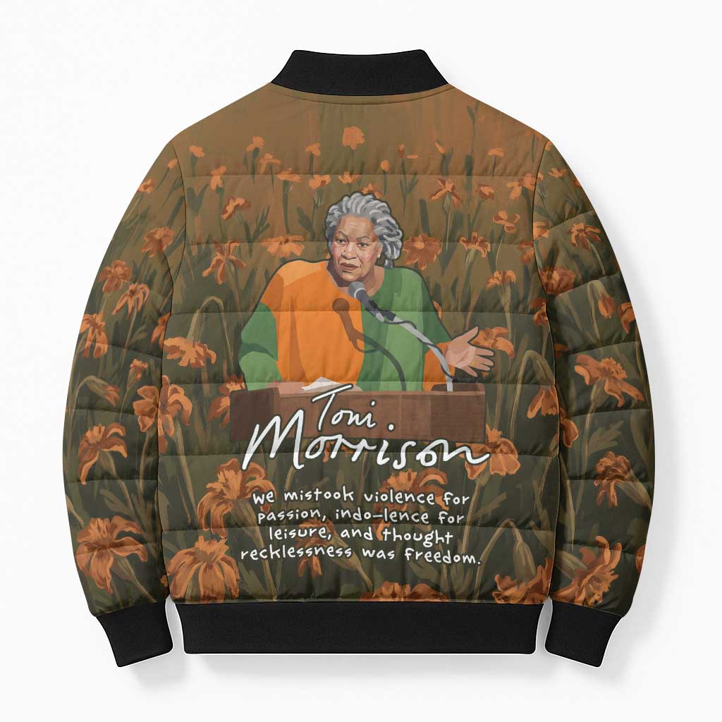 Toni Morrison Bomber Puffer Jacket Floral Themed Design Featuring The Bluest Eye Cover Art Thought-Provoking Quote - Wonder Print Shop